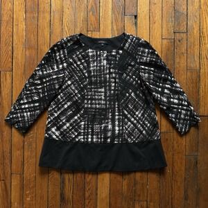 Lafayette 148 Blouse Tunic Wool Blend 3/4 Sleeves‎ Women 8 Black White Abstract